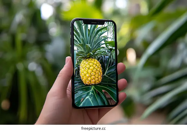 Close Up of a Hand Holding a Smartphone with a Photo of a Pineapple