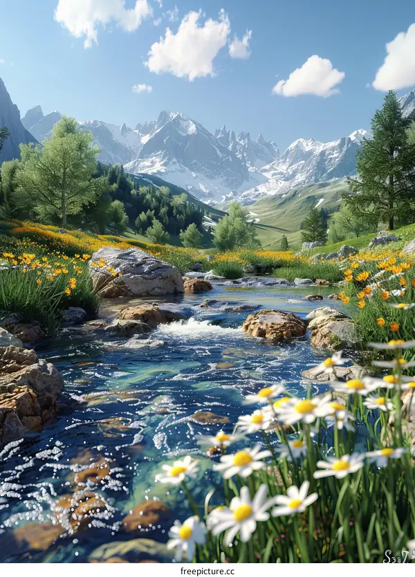 Alpine Mountain Stream Landscape with Trees and Flowers