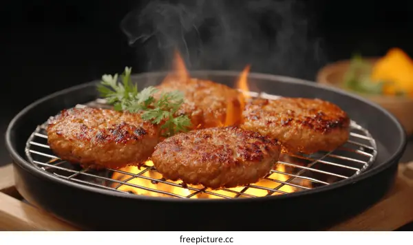 Grilled Meat Patties on a Portable Grill