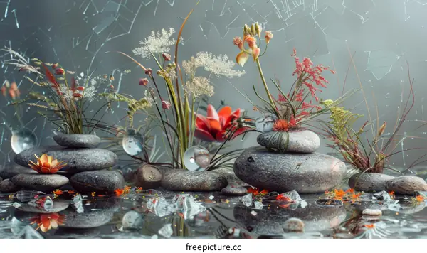 Still Life: Stones, Glass, and Flowers