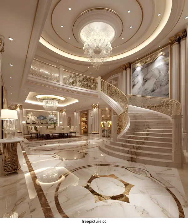 Luxury Interior Design with Marble Staircase and Chandeliers