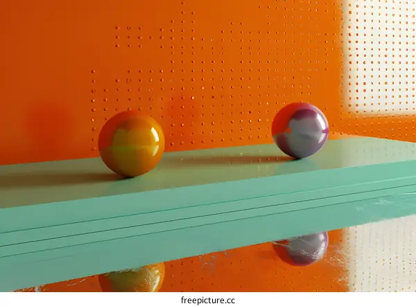 Abstract 3D Render Of Two Spheres On A Platform With Orange Background
