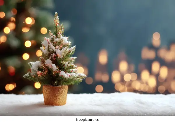 Christmas Miniature Tree on Snow with Festive Lights