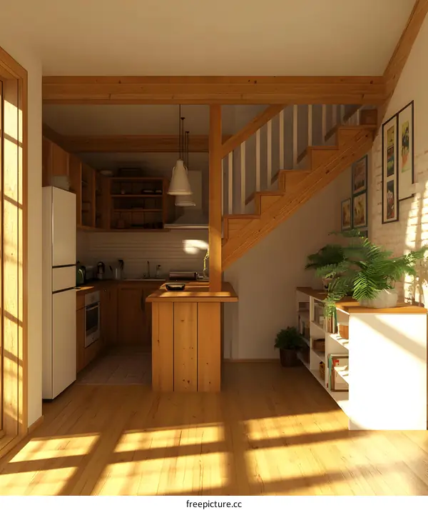 Modern Kitchen with Wooden Staircase and White Walls