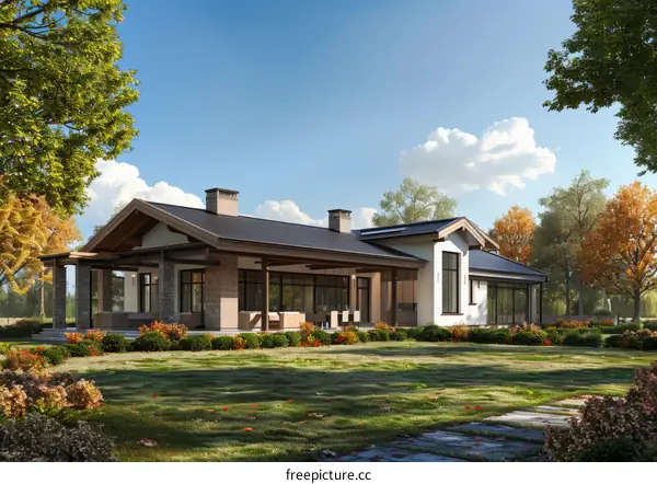 Peaceful House Nestled Amidst Serene Lawn and Treescape