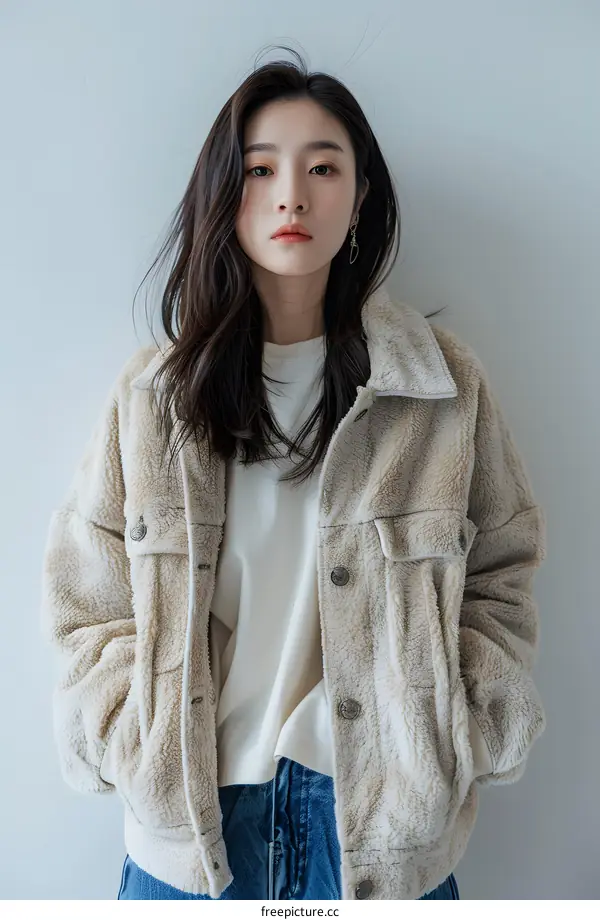 Asian Woman in Beige Fleece Jacket and Blue Jeans