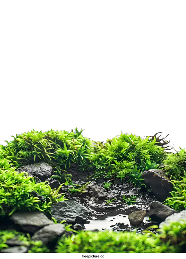 [Transparent Background PNG]Green Moss Background with Rocks and Water