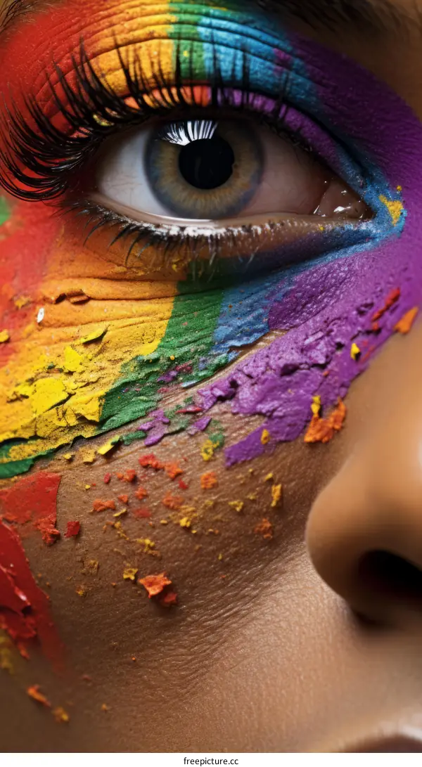 Close-up of woman's eye with rainbow eyeshadow