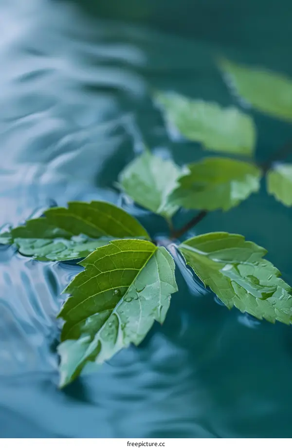 Green leaves floating on the water surface