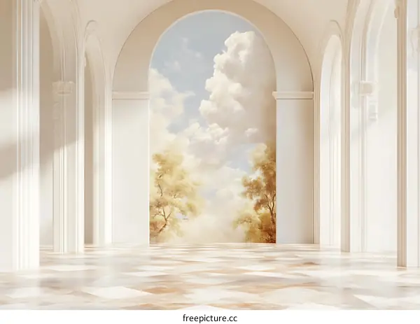 White Room with Archway and Mural of Sky and Trees