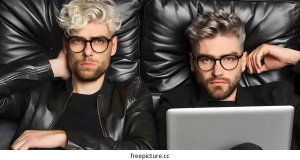 Two Men in Black Leather Jackets Sitting on a Couch with a Laptop