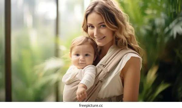 A young mother is holding her baby in a baby carrier