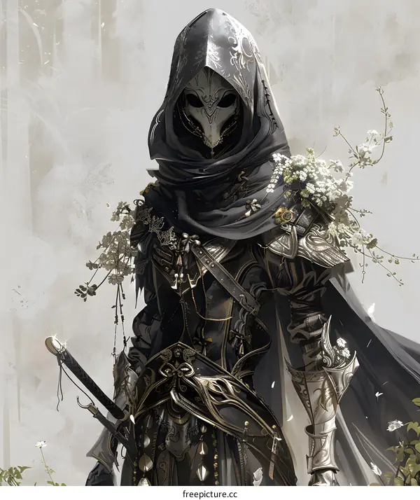 Fantasy Art Character in Hood and Armor with Flowers
