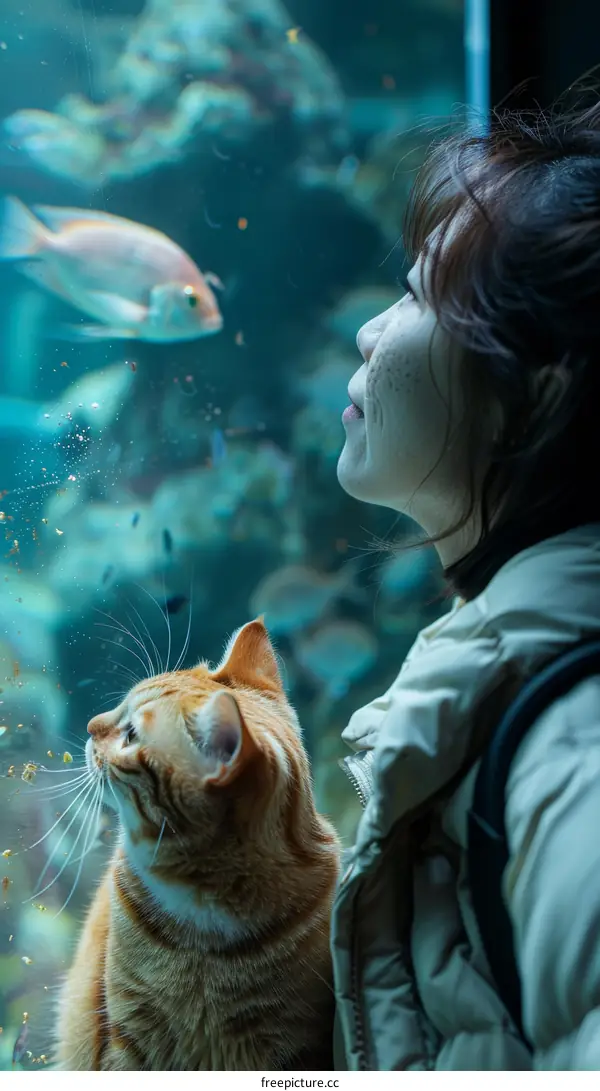 A ginger cat and a woman are looking at fish in an aquarium