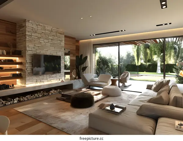 Modern Living Room Interior Design With Stone Fireplace And Large Windows