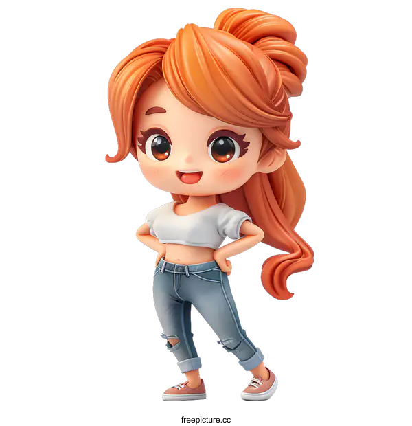 [Transparent Background PNG]cute cartoon girl with orange hair and blue jeans