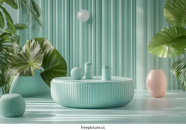 Green Minimalist 3D Render With Geometric Shapes and Plants