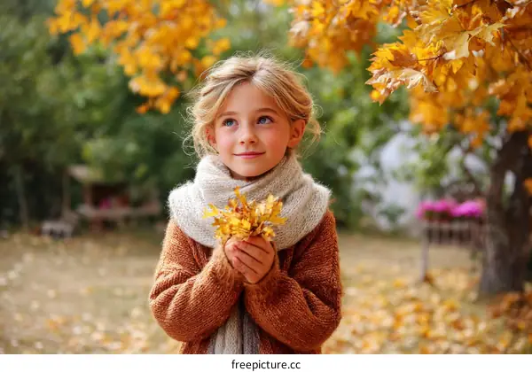 Autumnal Girl Holding Leaves in a Fall Garden