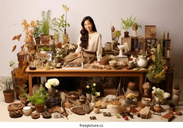 An Asian woman sits at a table surrounded by plants and other natural objects
