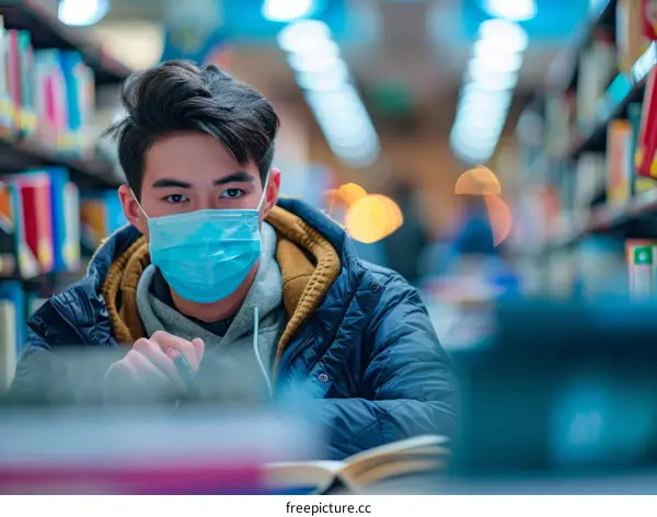 Asian student wearing a mask studying in the library