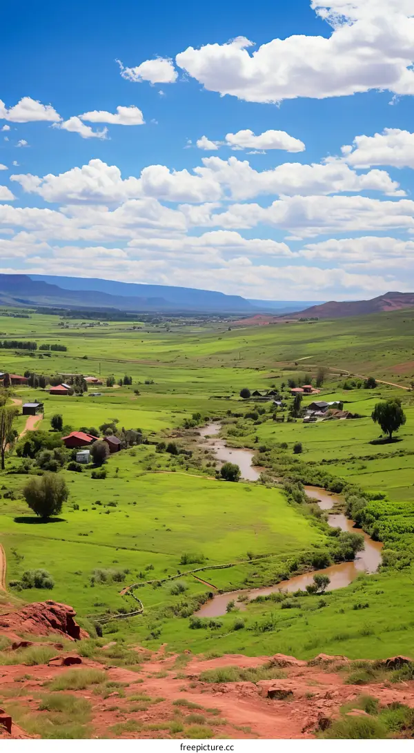 Small river through a green valley with blue sky and clouds