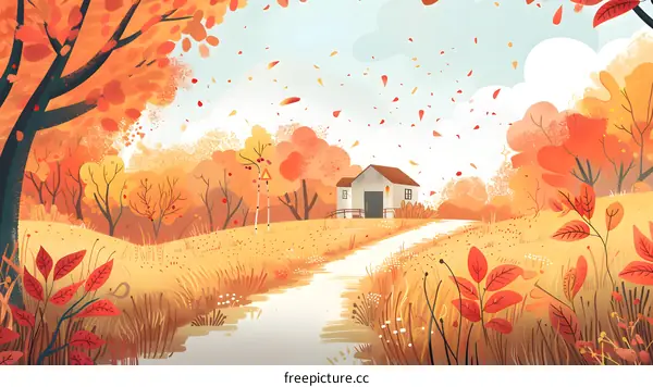 Autumn Landscape with House and Falling Leaves