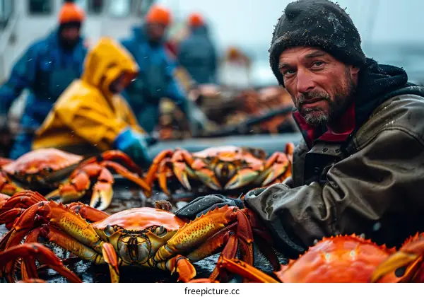 A fisherman holds a crab on a boat.