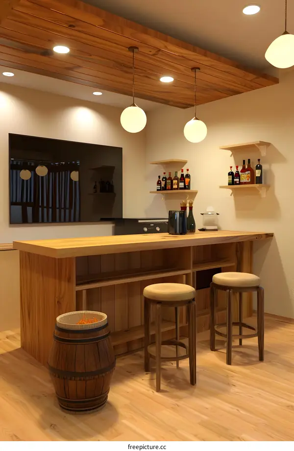 Modern Bar Design with Wooden Countertop and Bar Stools