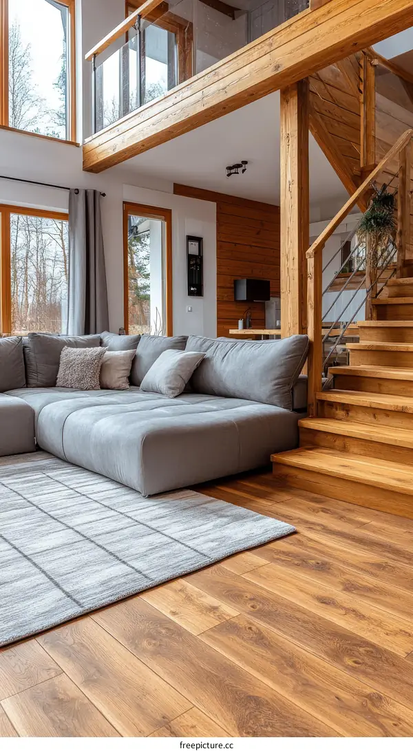 Modern Wooden House Interior Living Room with Sofa