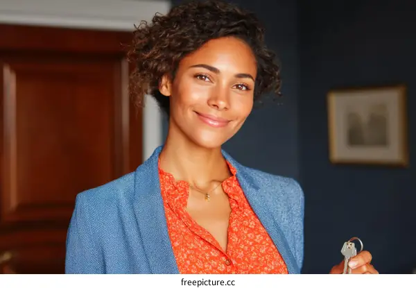 African American Woman Holding House Keys in a Stylish Outfit