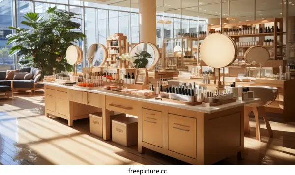 The sun shines through the glass window into the beauty store