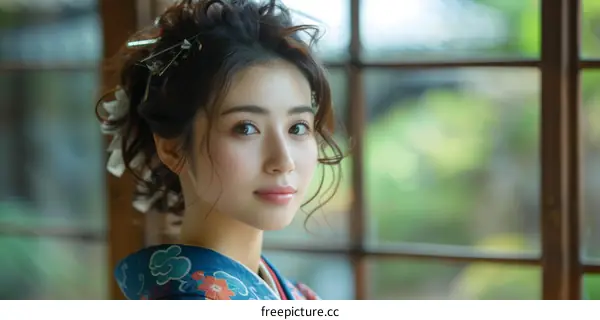 Portrait of a beautiful Japanese woman in traditional kimono