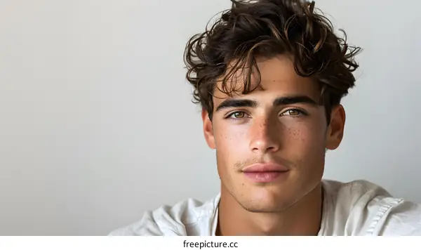 Portrait of a Young Man with Freckles and Wavy Hair
