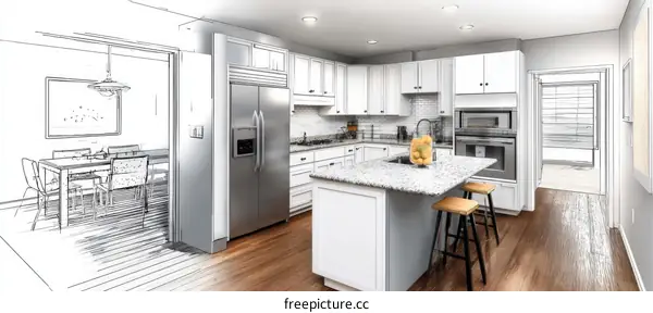 Kitchen Design with Sketch Overlay