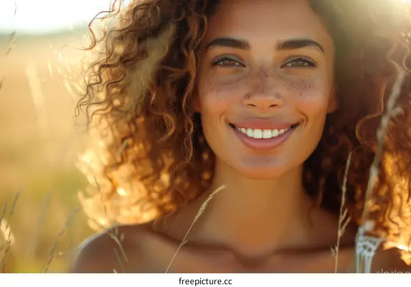portrait of a smiling woman with curly hair and freckles