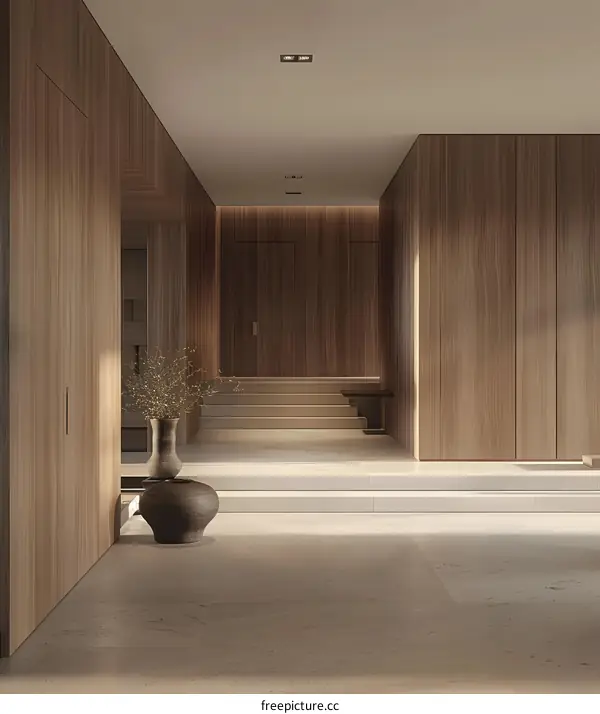 Minimalist Modern Interior Design With Wooden Walls And Stairs
