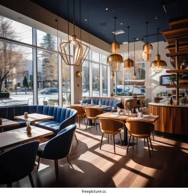 Modern Restaurant Interior with Blue and Brown Accents