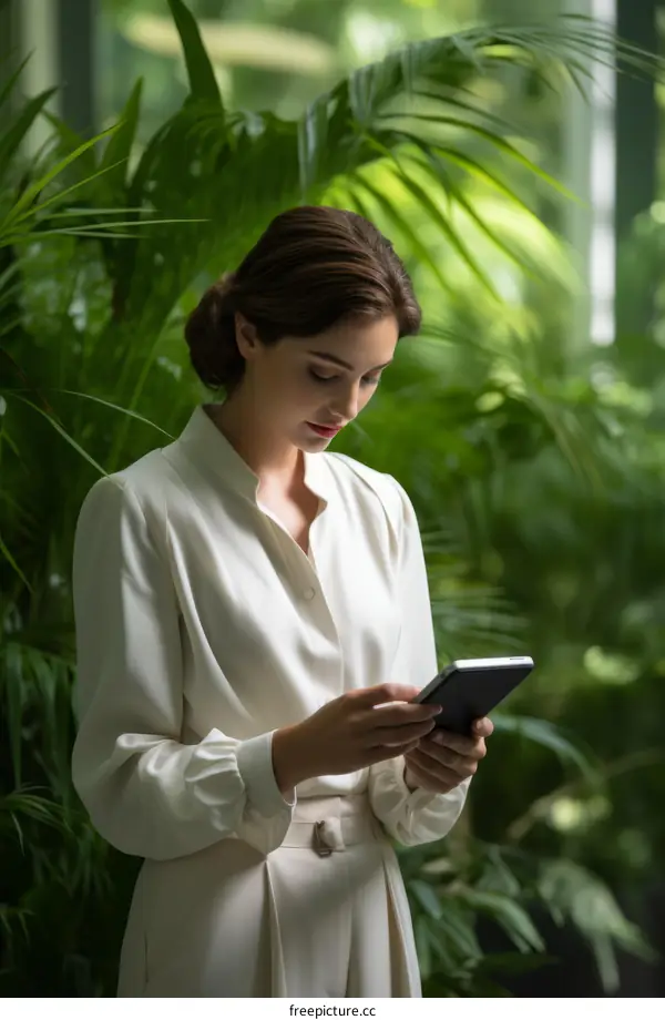 Elegant business woman in a tropical setting