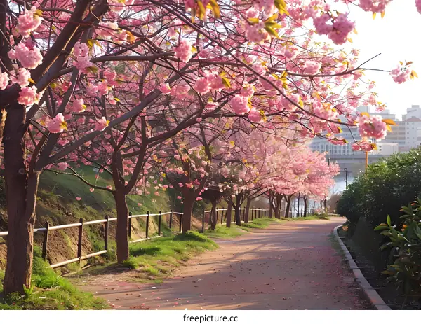 Cherry blossom trees in full bloom in a park in Japan