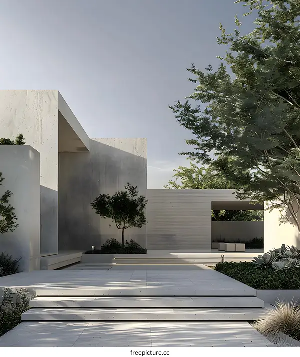 Modern Minimalist Architecture with Concrete Walls and Landscaping