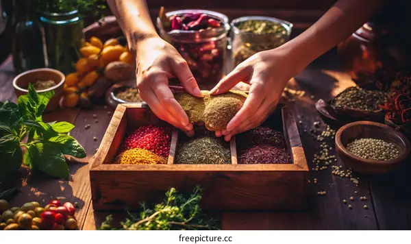 A wooden box filled with various colorful spices and a person's hands holding a large clump of dried oregano above the box