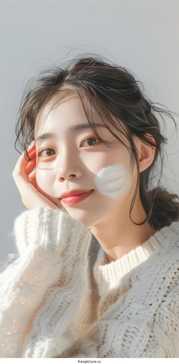 Smiling Asian Woman Wearing White Sweater