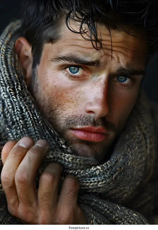 Portrait of a handsome man with blue eyes and a beard wearing a gray scarf
