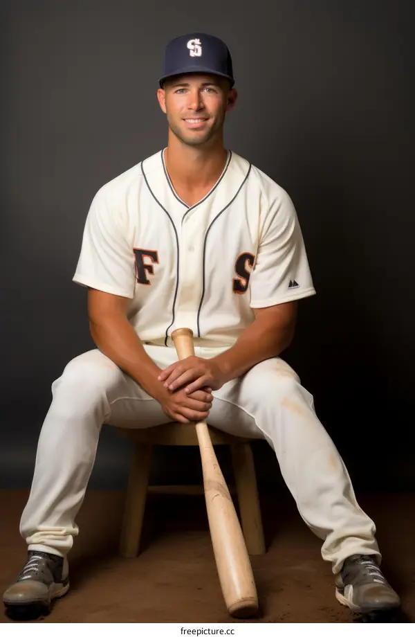 A young male baseball player is sitting on a stool and holding a bat.