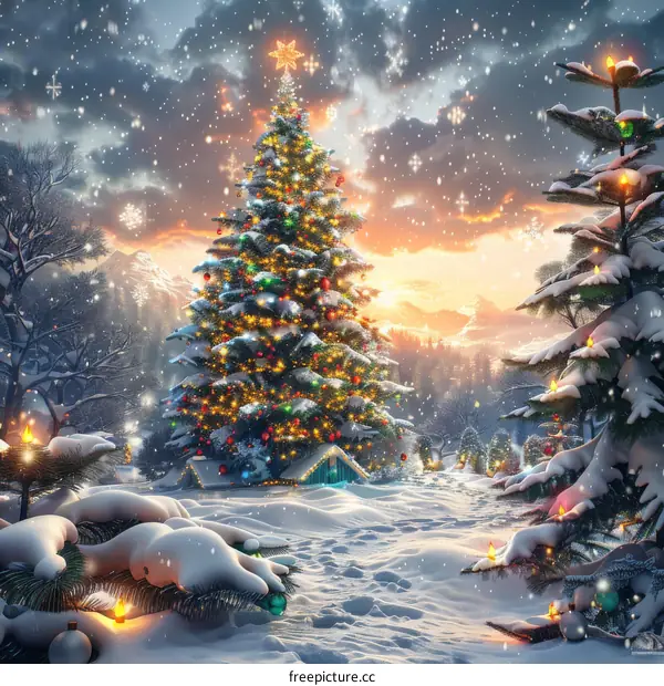 Snowy Christmas Landscape with Decorated Tree in Wintery Cabin