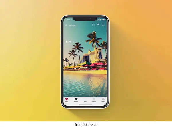 Mobile Phone Screen Displaying Tropical Beach Scene