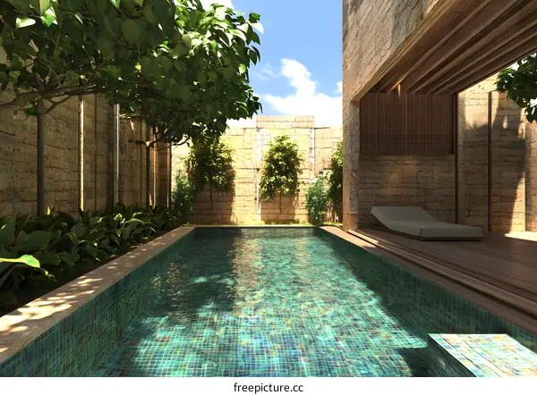 Modern Minimalist Poolside Courtyard with Stone Walls and Lush Greenery