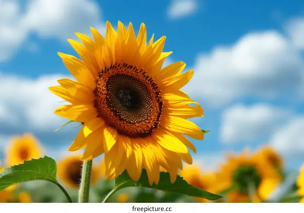 Bright yellow sunflower in full bloom against a blue sky with white clouds