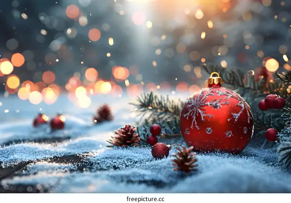 Red Christmas ball with fir branches and pine cones on snow background