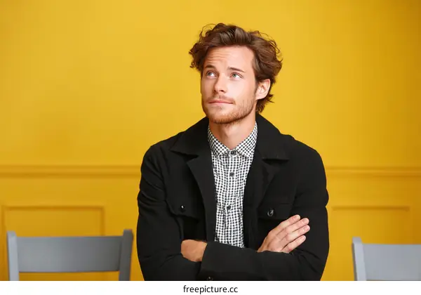 Caucasian Man in Thoughtful Pose Against a Bright Yellow Background
